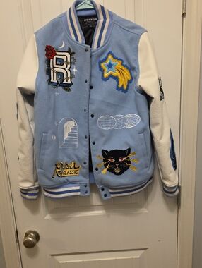 Reason Pale Blue & White Embroidered Patch Varsity Jacket